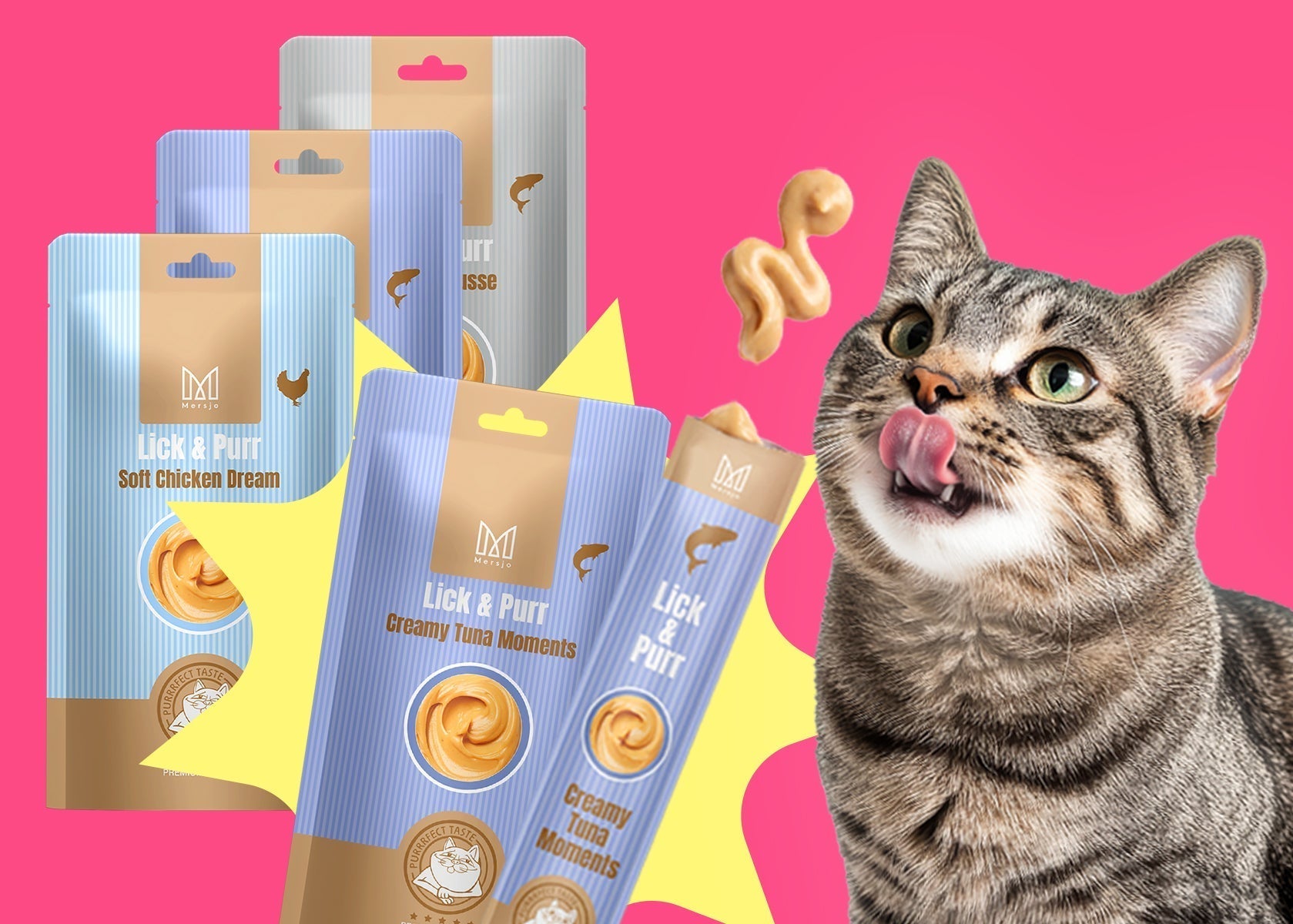 Grafika przedstawia burowego kota oblizującego nos z zachwytem oraz opakowania i saszetki kremowych przysmaków dla kotów Mersjo Lick & Purr na jaskraworóżowym tle.