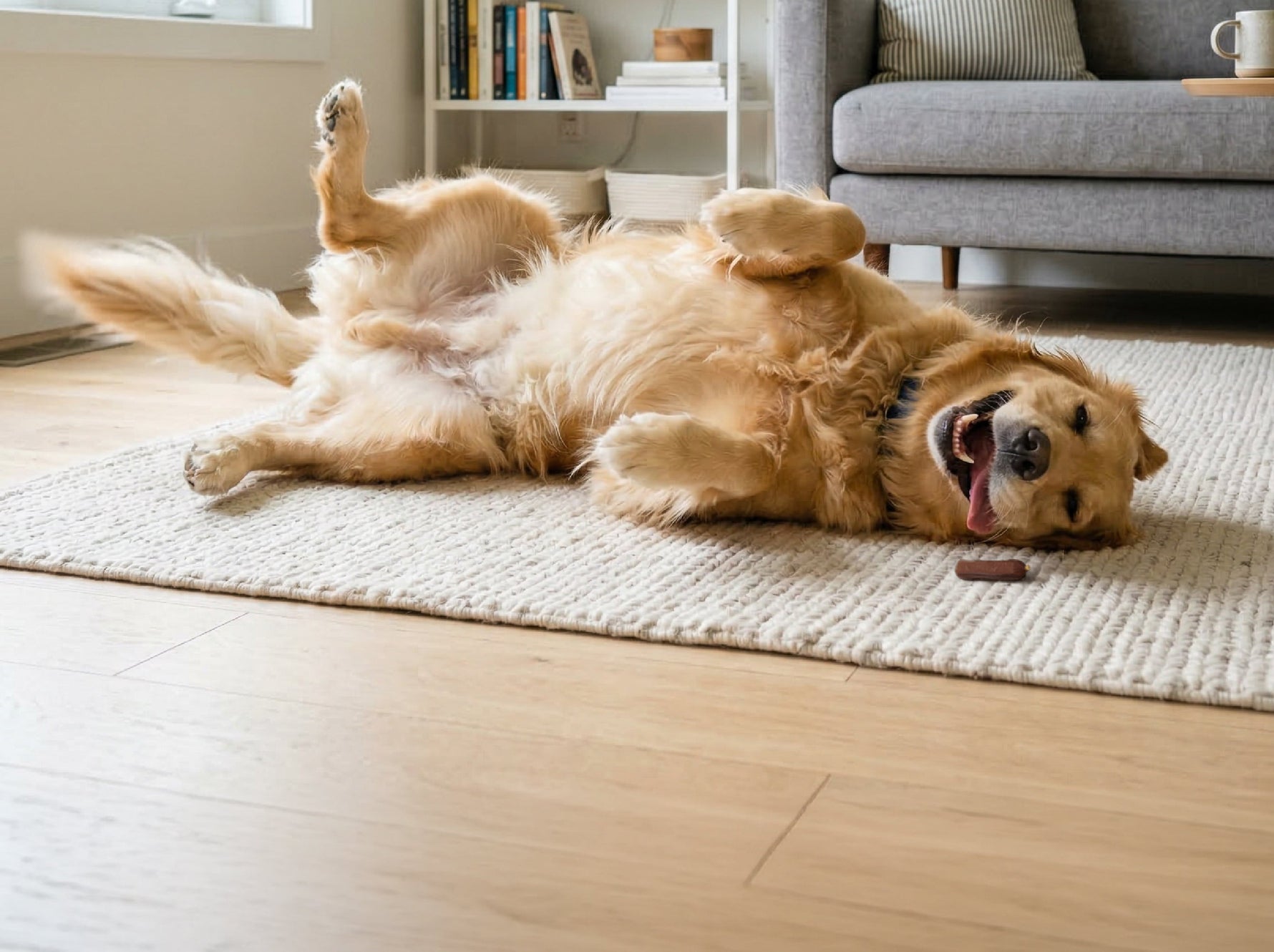 Ein glücklicher Golden Retriever neben einem Leckerli: Entenwurst
