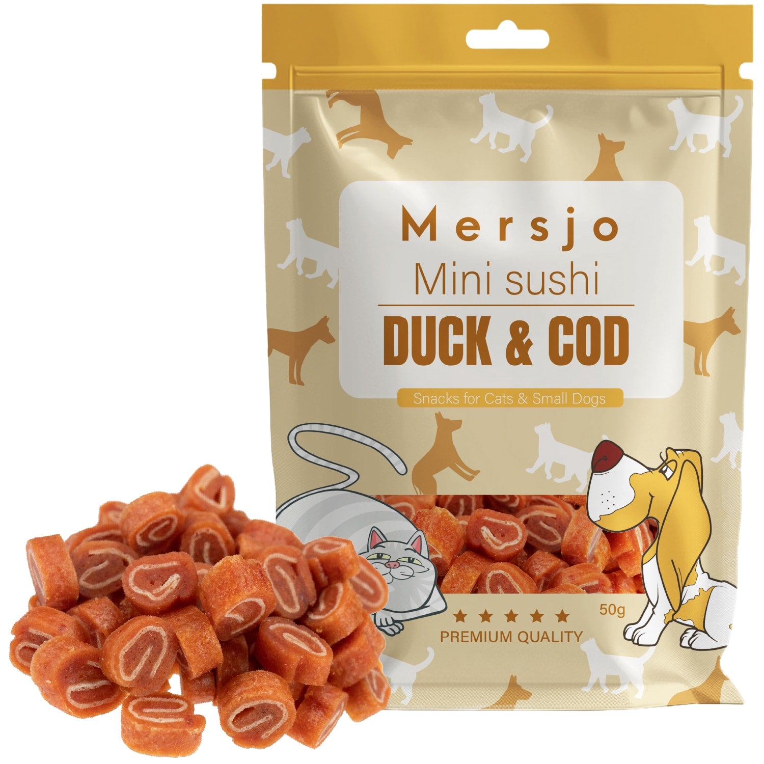 Przysmak dla psa i kota - Mini sushi z kaczką i dorszem 50g