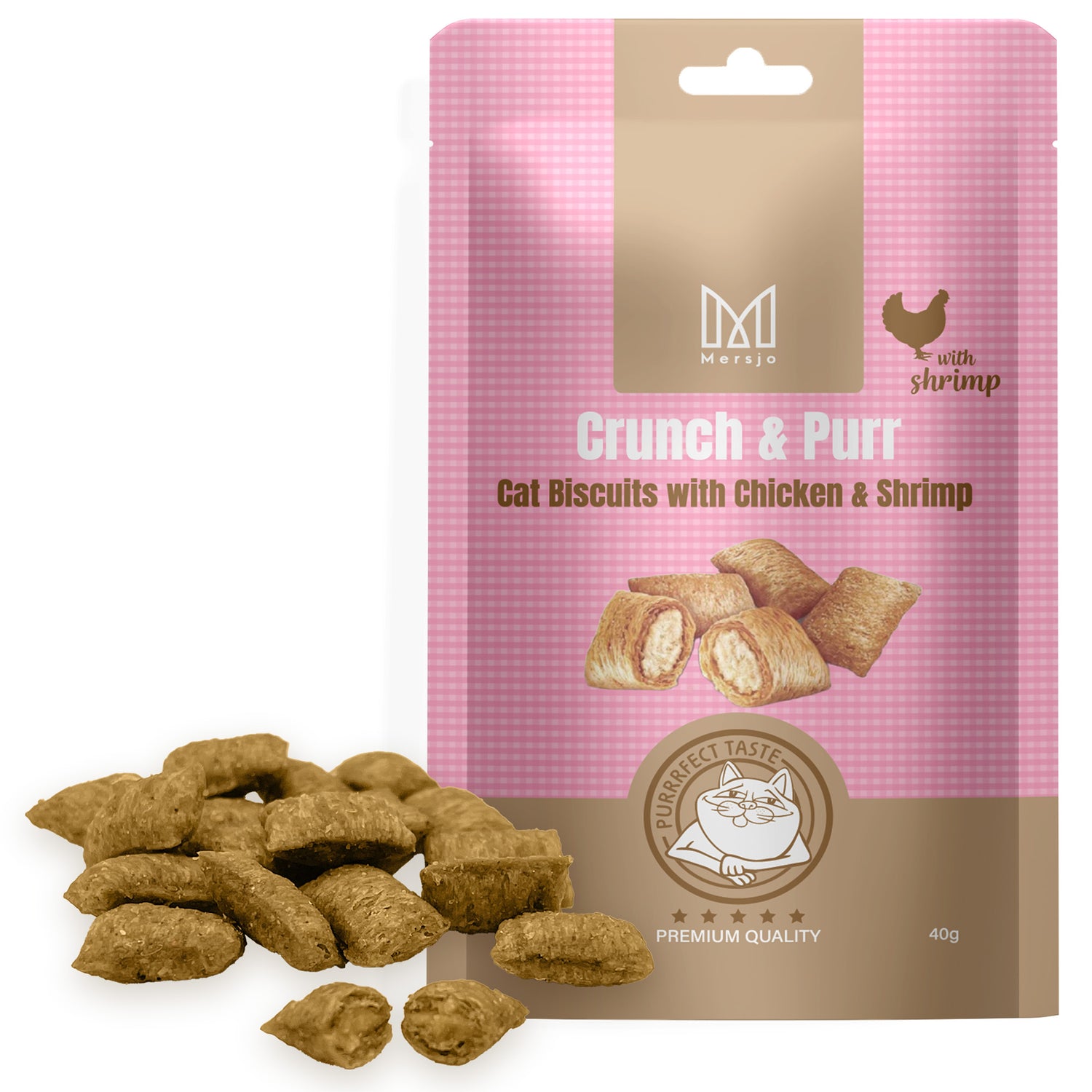 Pamlsek pro kočky - Crunch & Purr: Chicken & Shrimp Biscuits Mersjo 40g