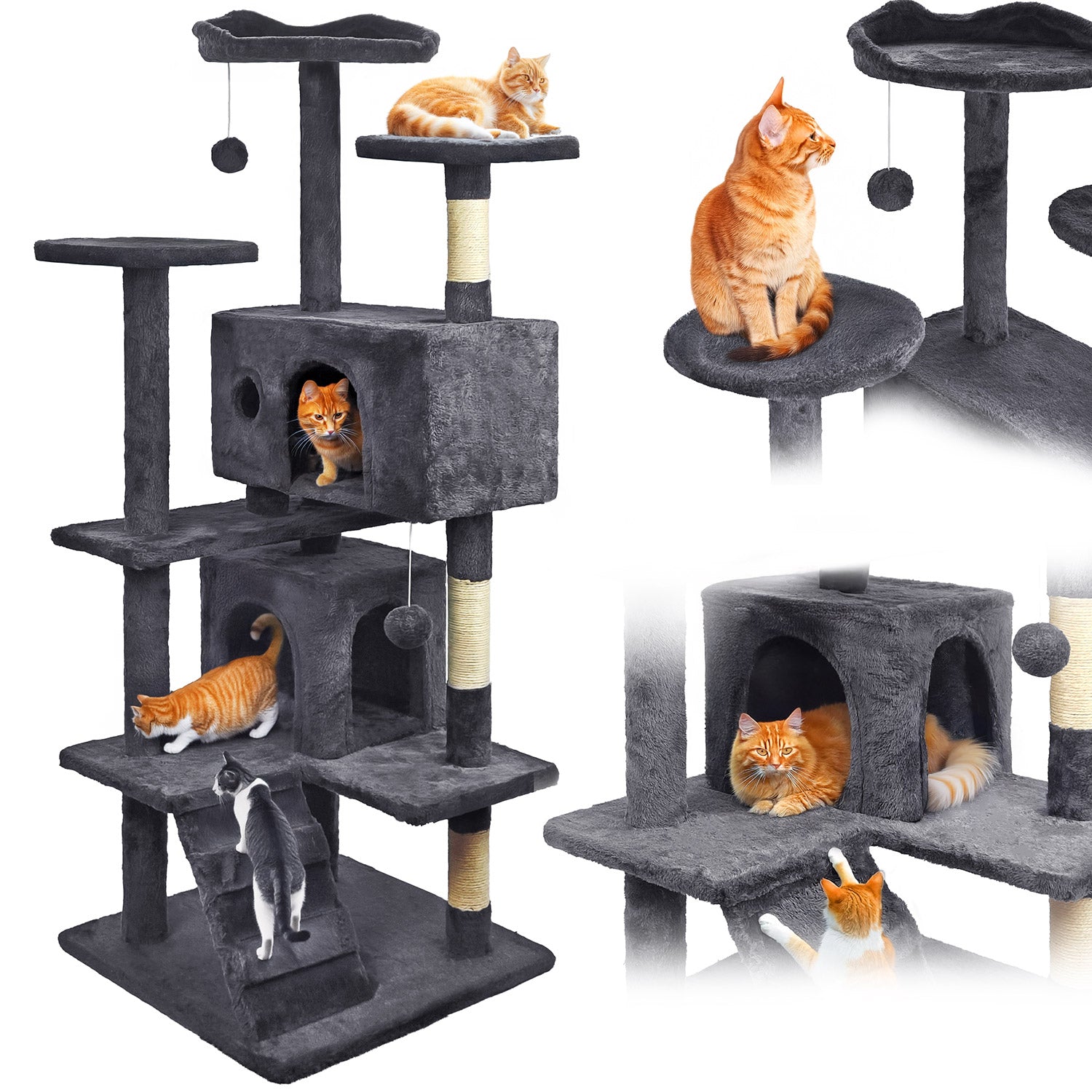 Cat scratching post, stable, high, 7 levels, cosy bed dark grey 138cm