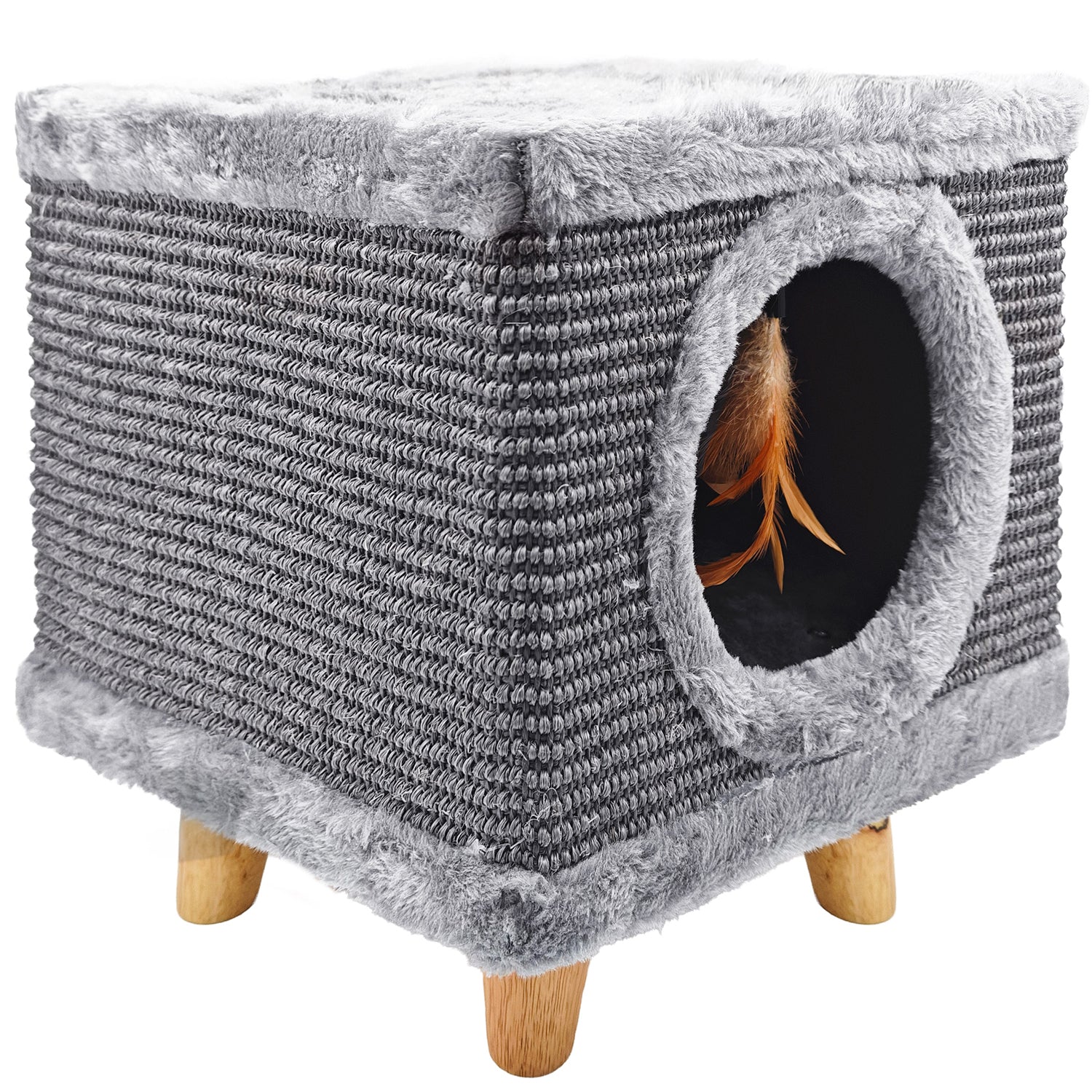 Sturdy cat scratching post, small 38cm, with feather and bed grey Cabin II