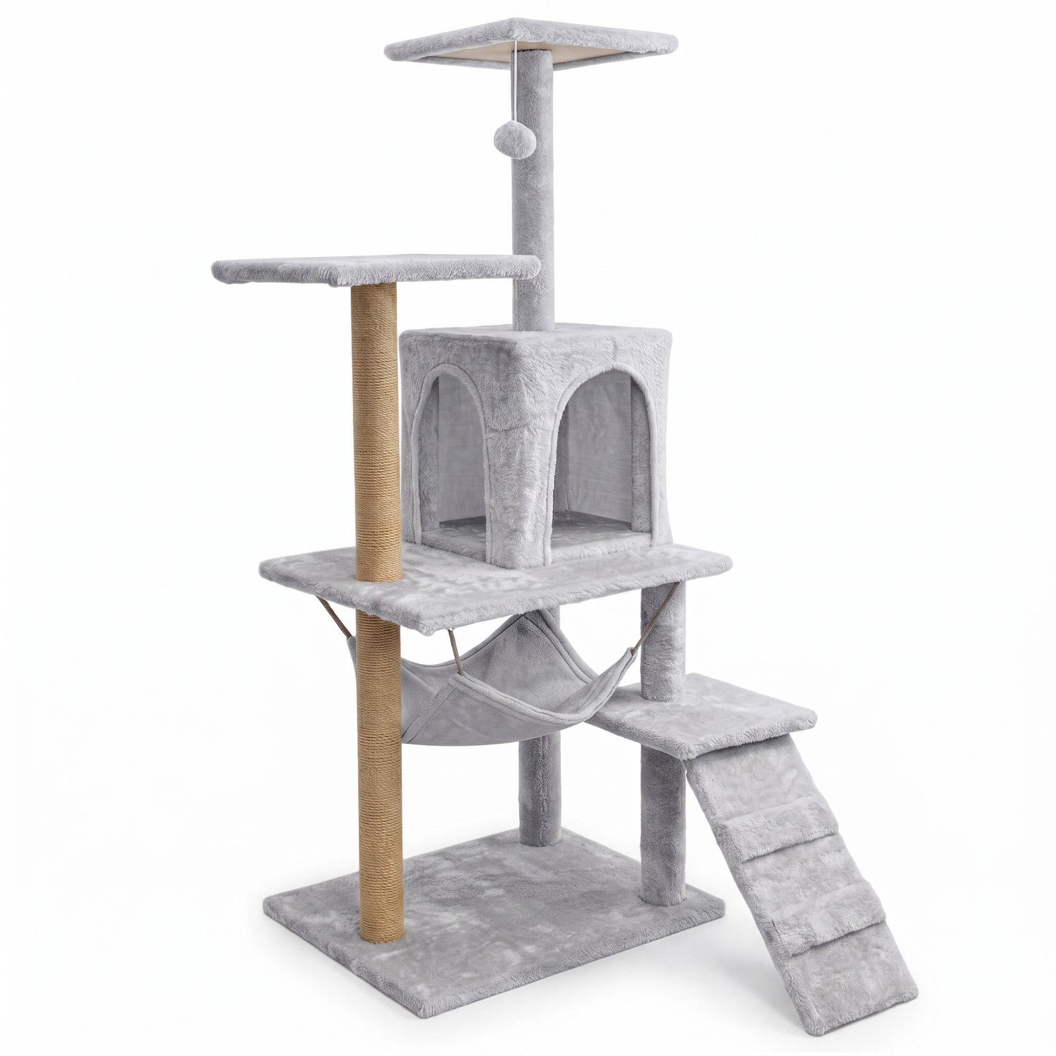 Cat scratching post, house with toy, high, 6 levels, bed, Comfort Line light grey