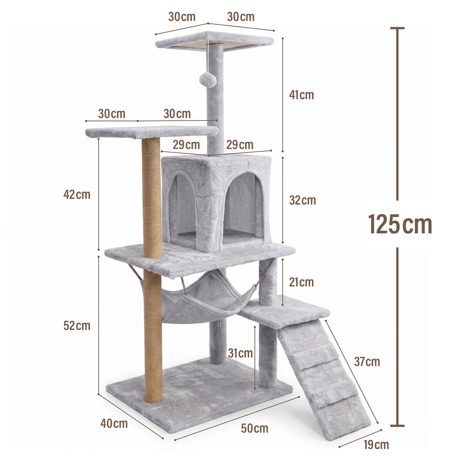 Cat scratching post, house with toy, high, 6 levels, bed, Comfort Line light grey