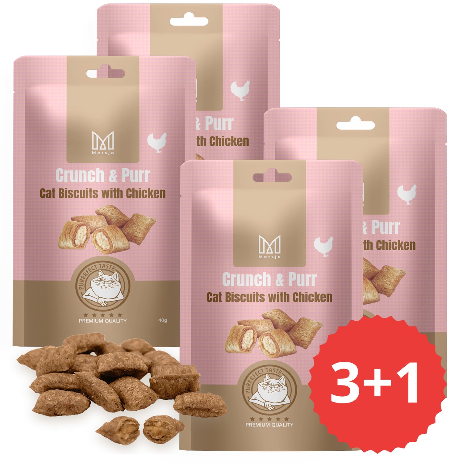 4x Katzensnack - Crunch & Purr: Soft Chicken Biscuits Mersjo 40g