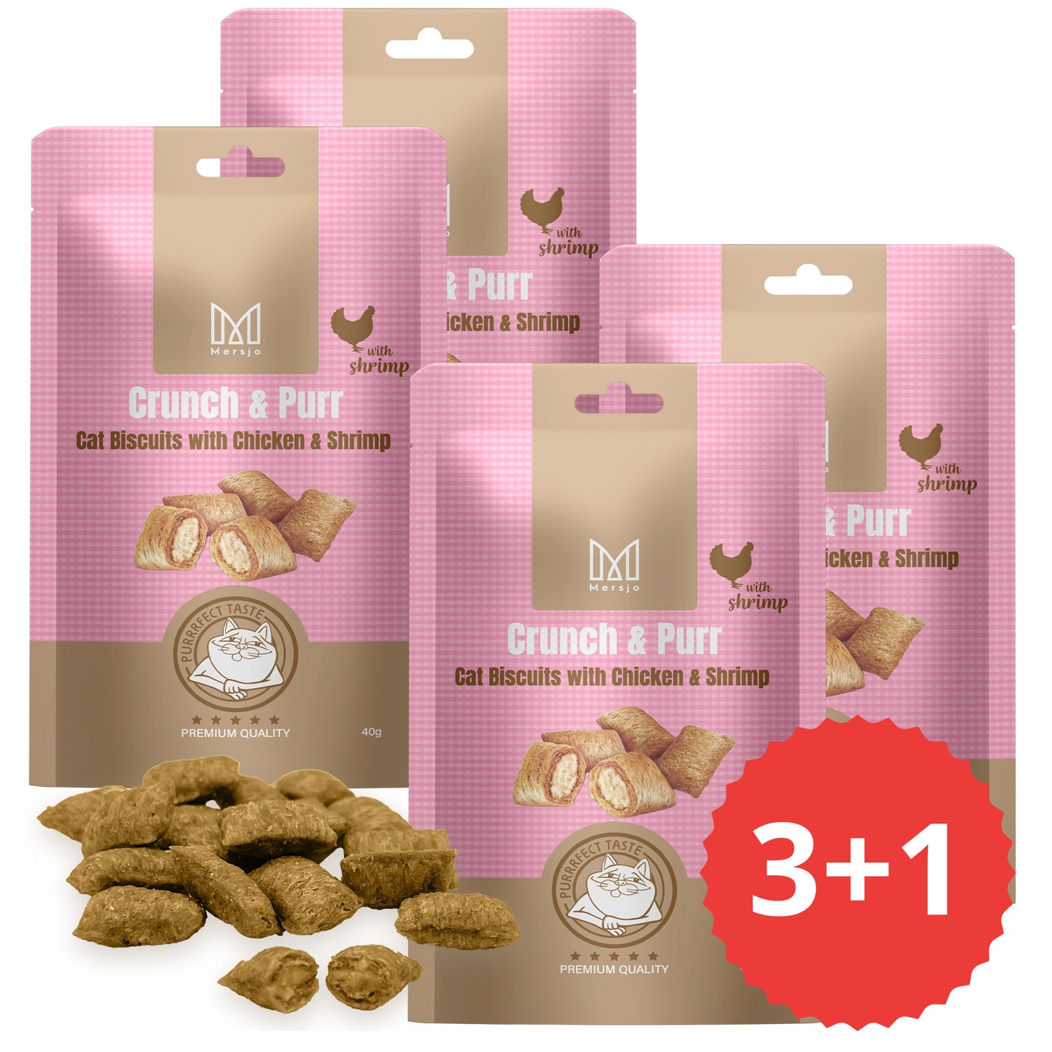 4x Katzensnack - Crunch & Purr: Chicken & Shrimp Biscuits Mersjo 40g