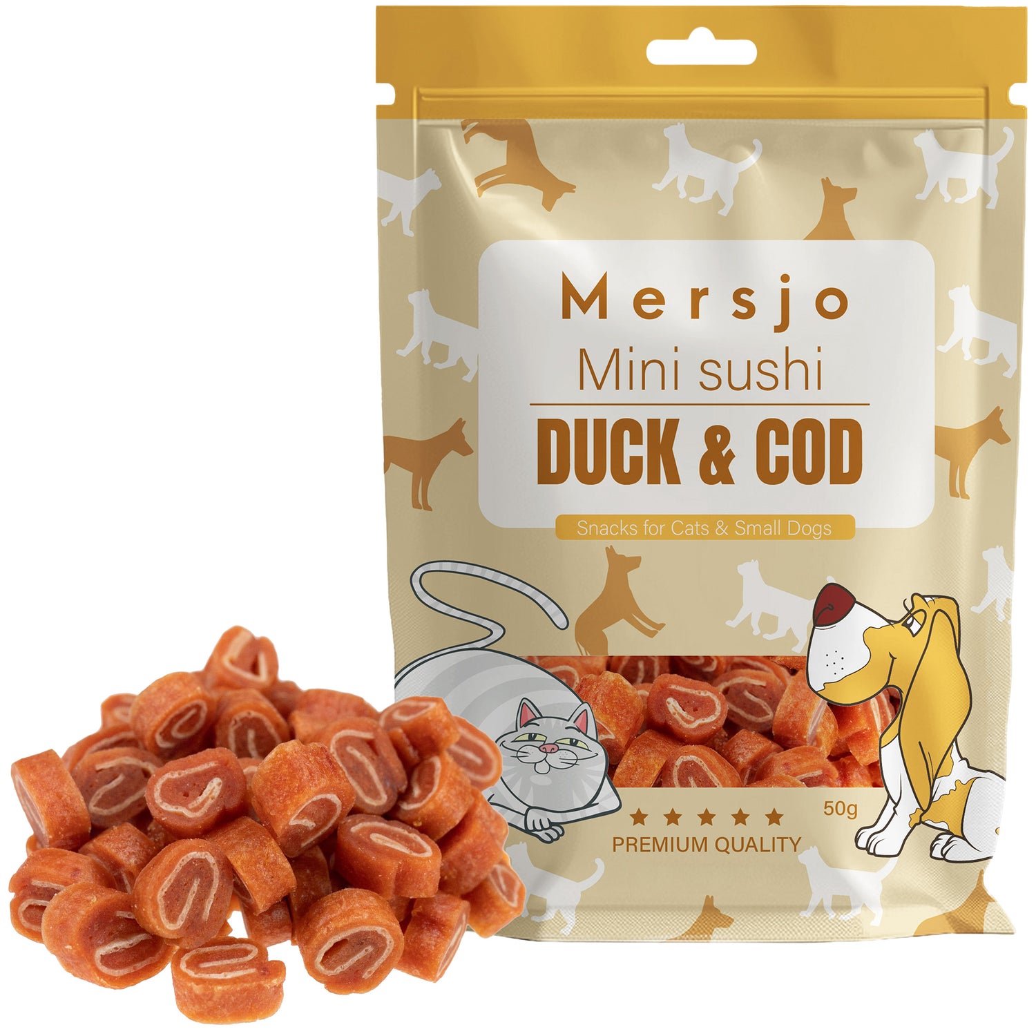 Snack für Hund und Katze - Mini-Sushi mit Ente und Kabeljau 50g