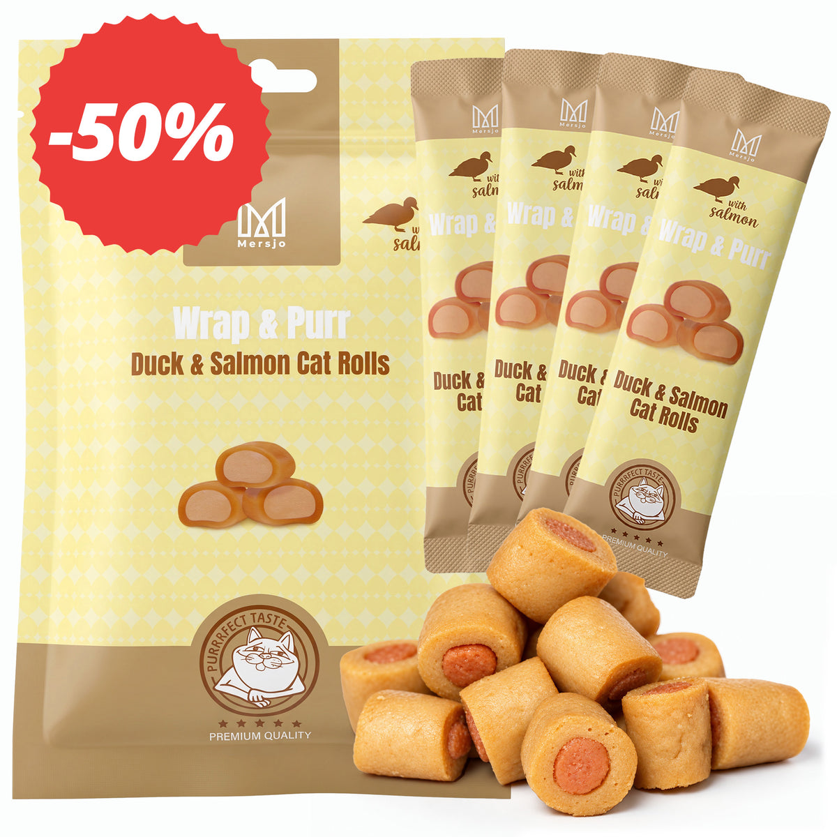 Przysmak dla kota - Wrap & Purr: Duck & Salmon Mersjo 40g (4x10g)
