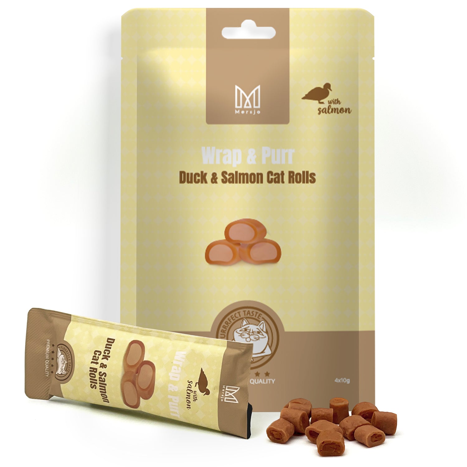 Pamlsek pro kočky - Wrap & Purr: Duck & Salmon Mersjo 40g (4x10g)