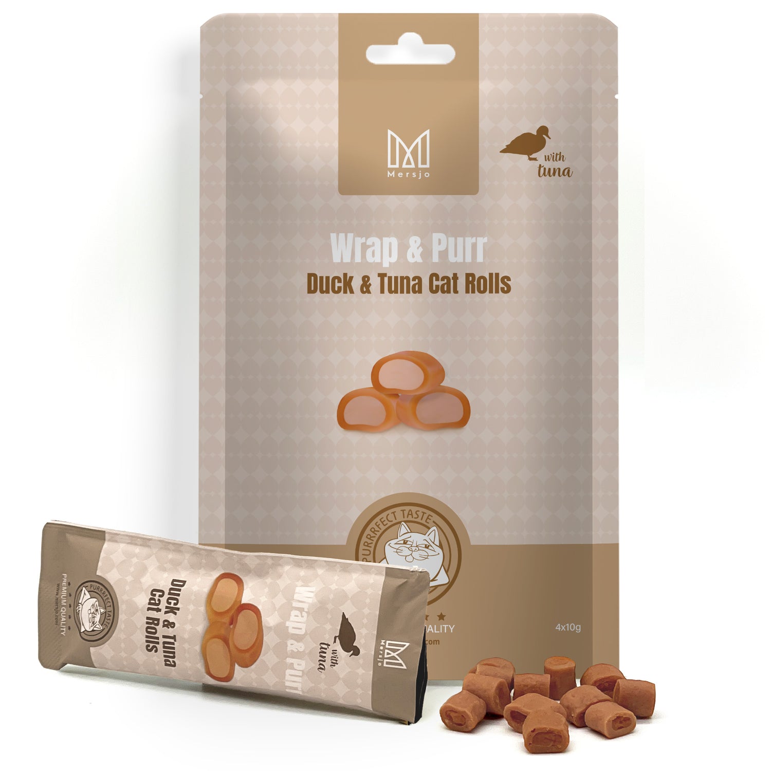 Pamlsek pro kočky - Wrap & Purr: Duck & Tuna Mersjo 40g (4x10g)
