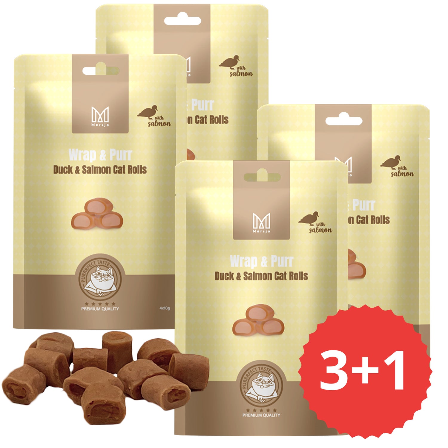 ZESTAW 3+1: Przysmak dla kota - Wrap & Purr: Duck & Salmon Mersjo 160g (4x40g)