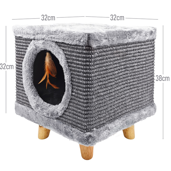 Sturdy cat scratching post 38cm,  with feather and bed Cabin I  grey