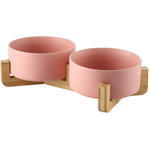 Double ceramic wooden bowl pink 2x400 ml