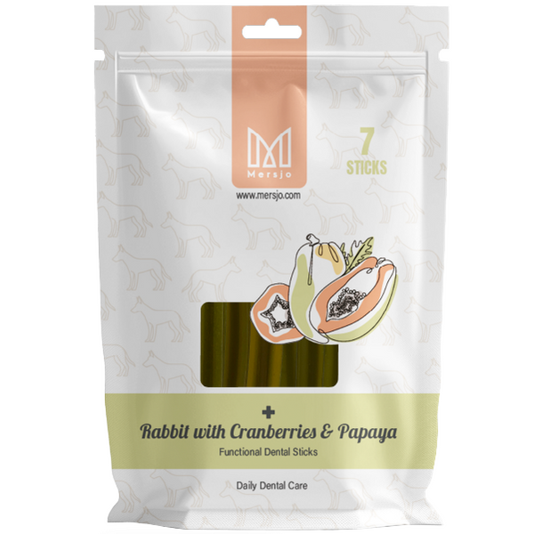 Dental-Snack für Hunde – Mersjo Dental Sticks – Kaninchen mit Papaya und Cranberry