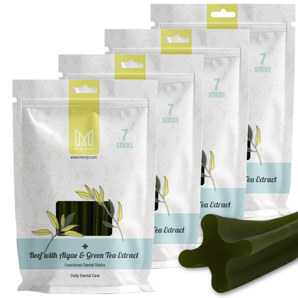 Zahnpflegesnack für Hunde Dental Sticks Mersjo Rind Algen Grüntee 28 Stück