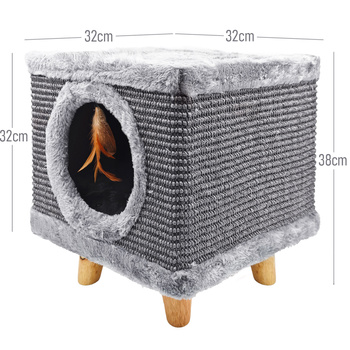 Sturdy cat scratching post 38cm,  with feather and bed Cabin I  grey