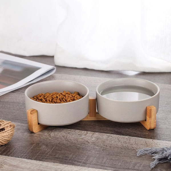 Double ceramic wooden bowl grey 2x400 ml