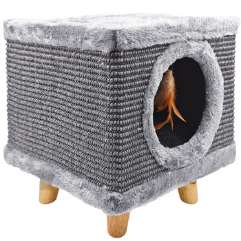 Sturdy cat scratching post 38cm, with feather and bed Cabin I grey