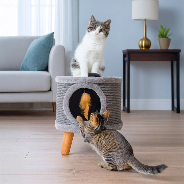 Sturdy cat scratching post, small 38cm, with feather and bed  grey Cabin II