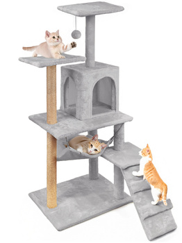 Cat scratching post, house with toy, high, 6 levels, bed, Comfort Line light grey