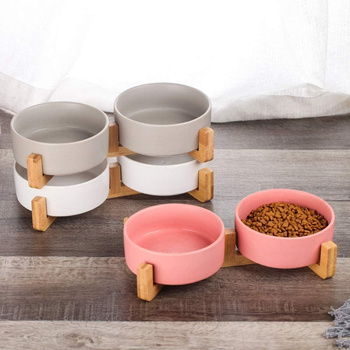 Double ceramic wooden bowl pink 2x400 ml