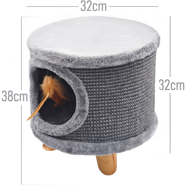 Solidny drapak dla kota, mały 38cm, szary z piórkiem i legowiskiem Cabin II