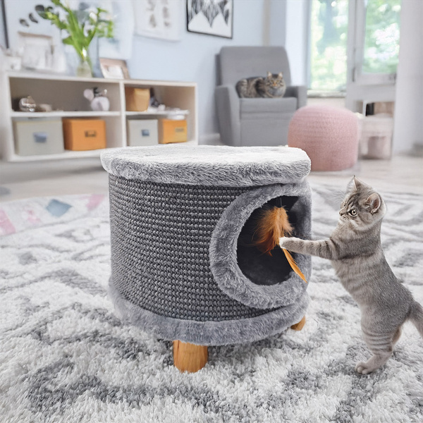 Sturdy cat scratching post, small 38cm, with feather and bed  grey Cabin II