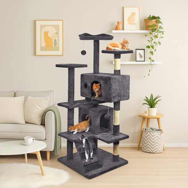 Cat scratching post, stable, high, 7 levels, cosy bed dark grey 138cm