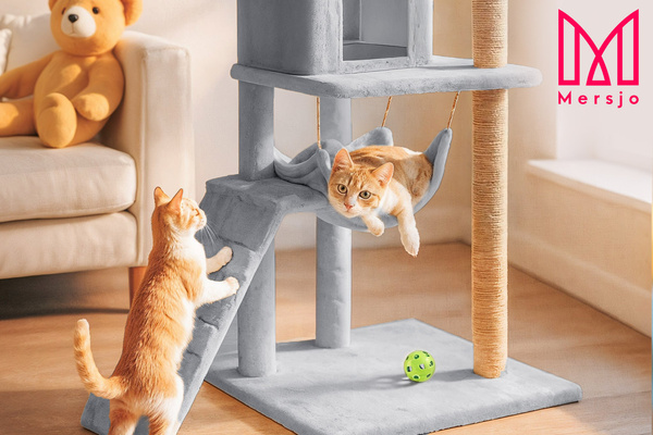 Katzenkratzbaum, Haus mit Spielzeug, hoch, 6 Ebenen, Bett, Comfort Line hellgrau