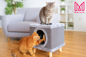 Sturdy cat scratching post 38cm,  with feather and bed Cabin I  grey