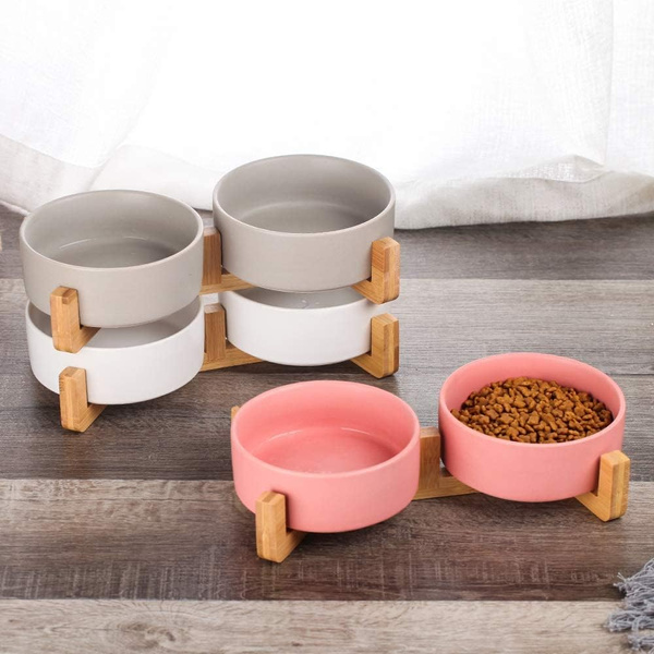 Double ceramic wooden bowl pink 2x400 ml