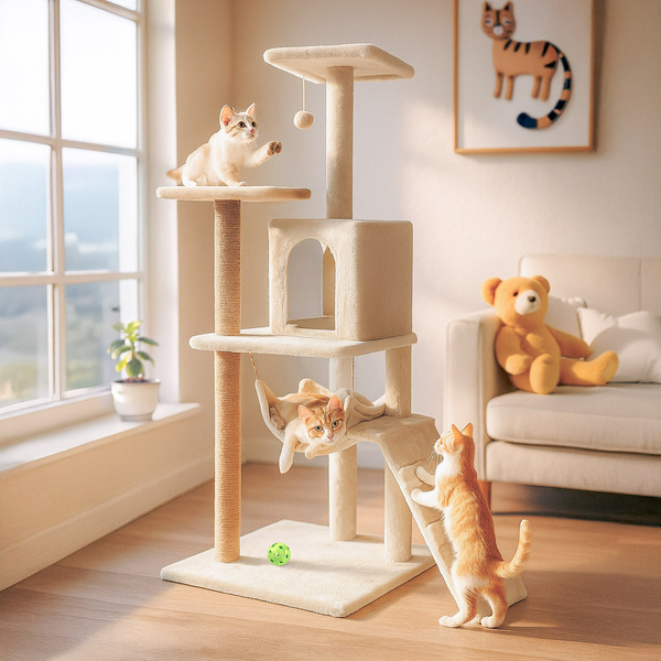 Cat scratching post, house with toy, 6 levels, cosy bed, Comfort Line beige