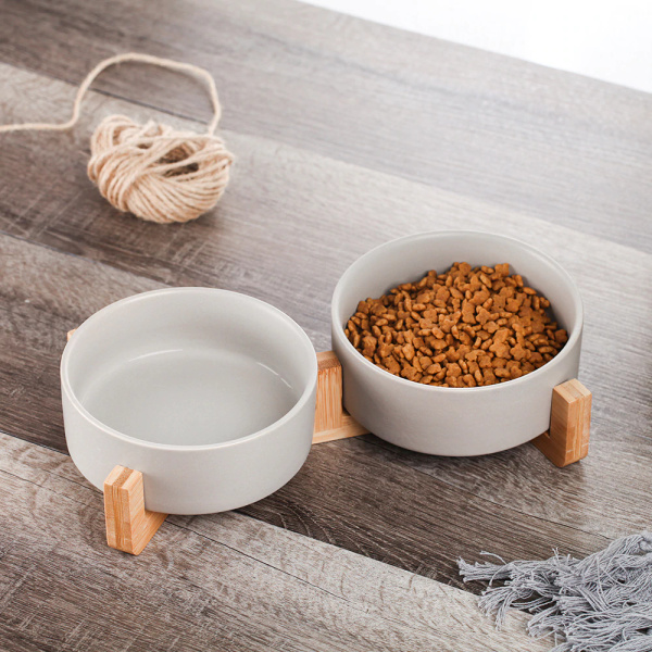 Double ceramic wooden bowl grey 2x400 ml