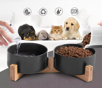 Doppelter Keramik-Holznapf für Hunde und Katzen GERDA schwarz 2x400ml