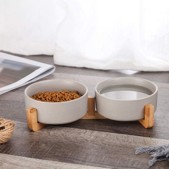 Double ceramic wooden bowl grey 2x400 ml