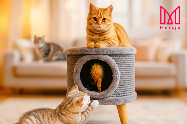 Sturdy cat scratching post, small 38cm, with feather and bed  grey Cabin II