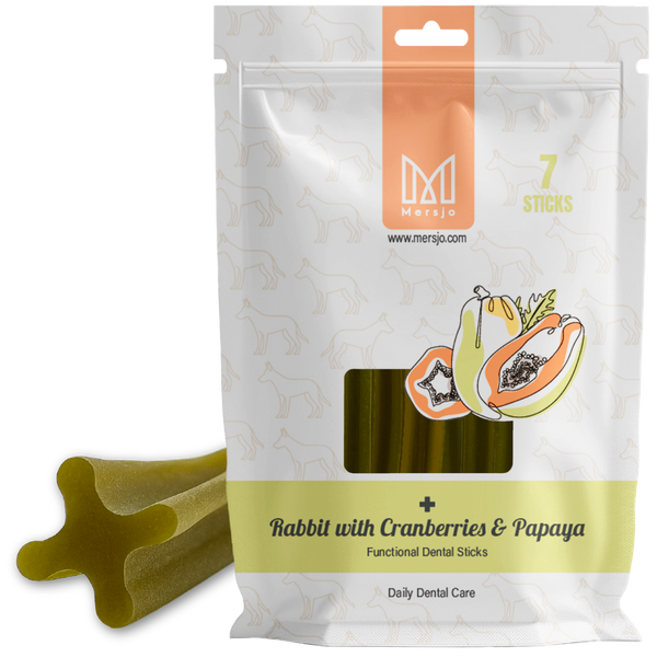 Dental-Snack für Hunde – Mersjo Dental Sticks – Kaninchen mit Papaya und Cranberry