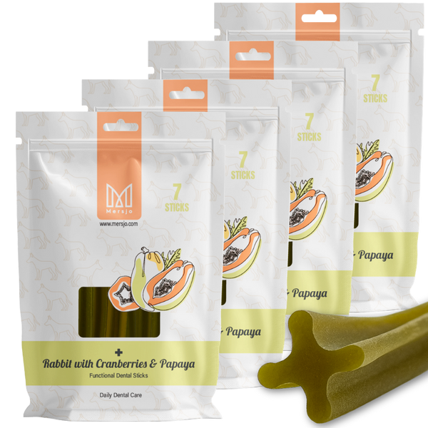 Przekąska stomatologiczna dla psów Mersjo Dental Sticks - królik z papają i żurawiną (28 sticków)