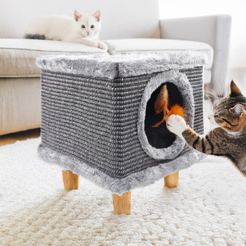 Sturdy cat scratching post 38cm,  with feather and bed Cabin I  grey