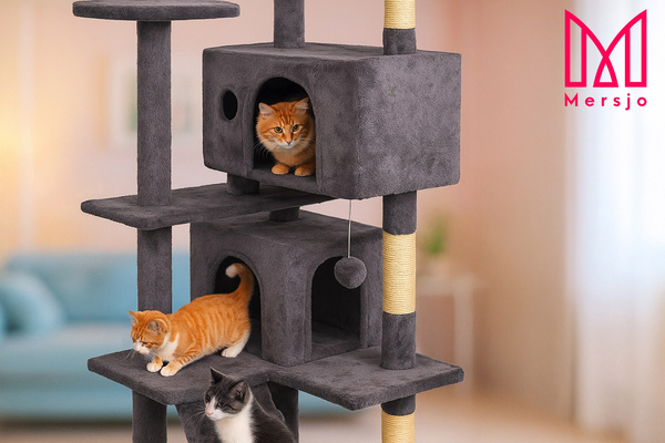 Cat scratching post, stable, high, 7 levels, cosy bed dark grey 138cm