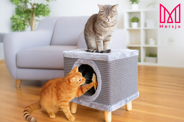 Sturdy cat scratching post 38cm,  with feather and bed Cabin I  grey