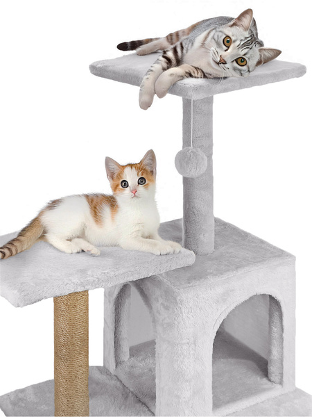Cat scratching post, house with toy, high, 6 levels, bed, Comfort Line light grey