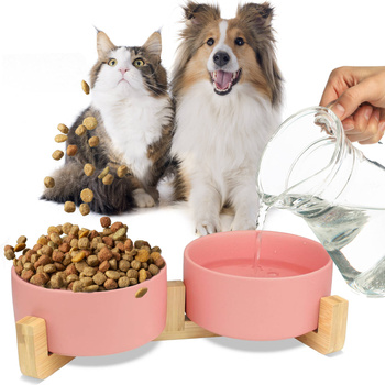 Double ceramic wooden bowl pink 2x400 ml