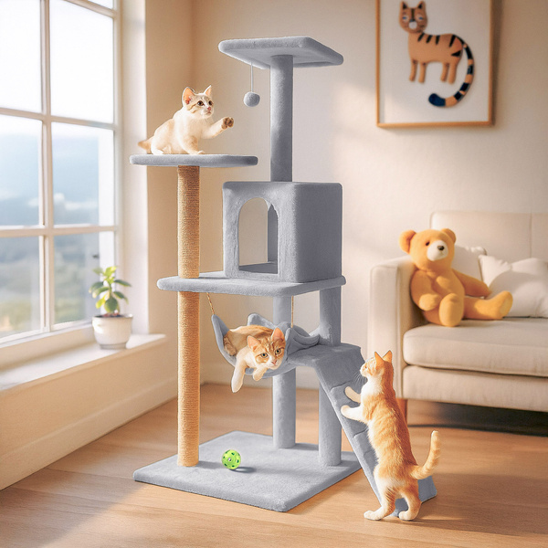 Cat scratching post, house with toy, high, 6 levels, bed, Comfort Line light grey
