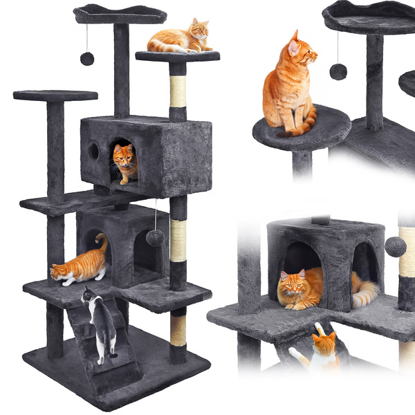 Katzenkratzbaum, stabil, hoch, 7 Stufen, Bett dunkelgrau 138cm