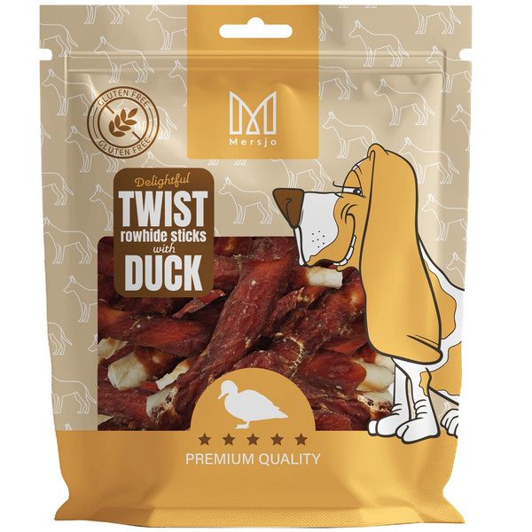 Natural rawhide twist chews with duck meat, dog treat, Mersjo, 500g