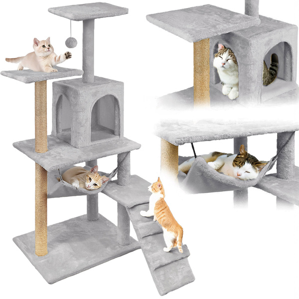 Cat scratching post, house with toy, high, 6 levels, bed, Comfort Line light grey